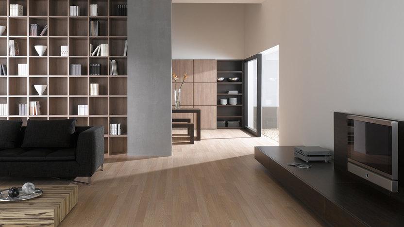 Offene Wohnraumimpression mit Einbauregal für Bücher und Dekoration in Trennwand mit hellem Holzboden